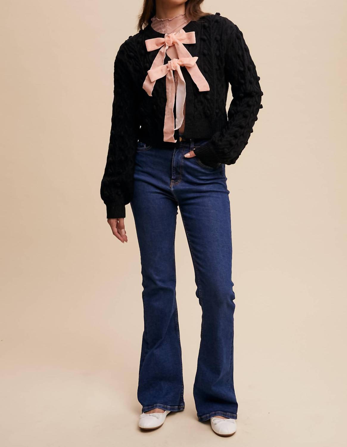 Listicle - Pom Cable Knit Tie Cardigan