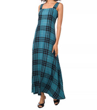 VINCE CAMUTO Square-neck Plaid Smocked-back Maxi Dress in teal - women's dress - detail view