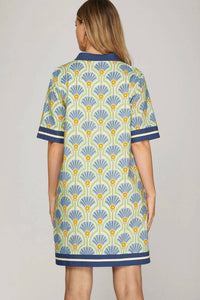 She + Sky - Short Sleeve Printed Dress With Solid Trim
