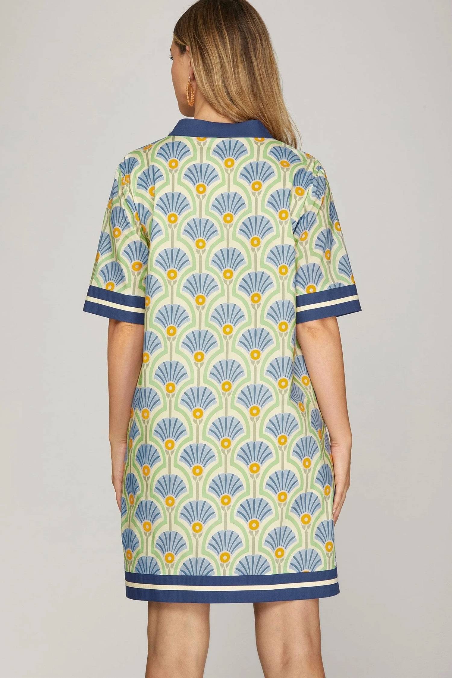 She + Sky - Short Sleeve Printed Dress With Solid Trim