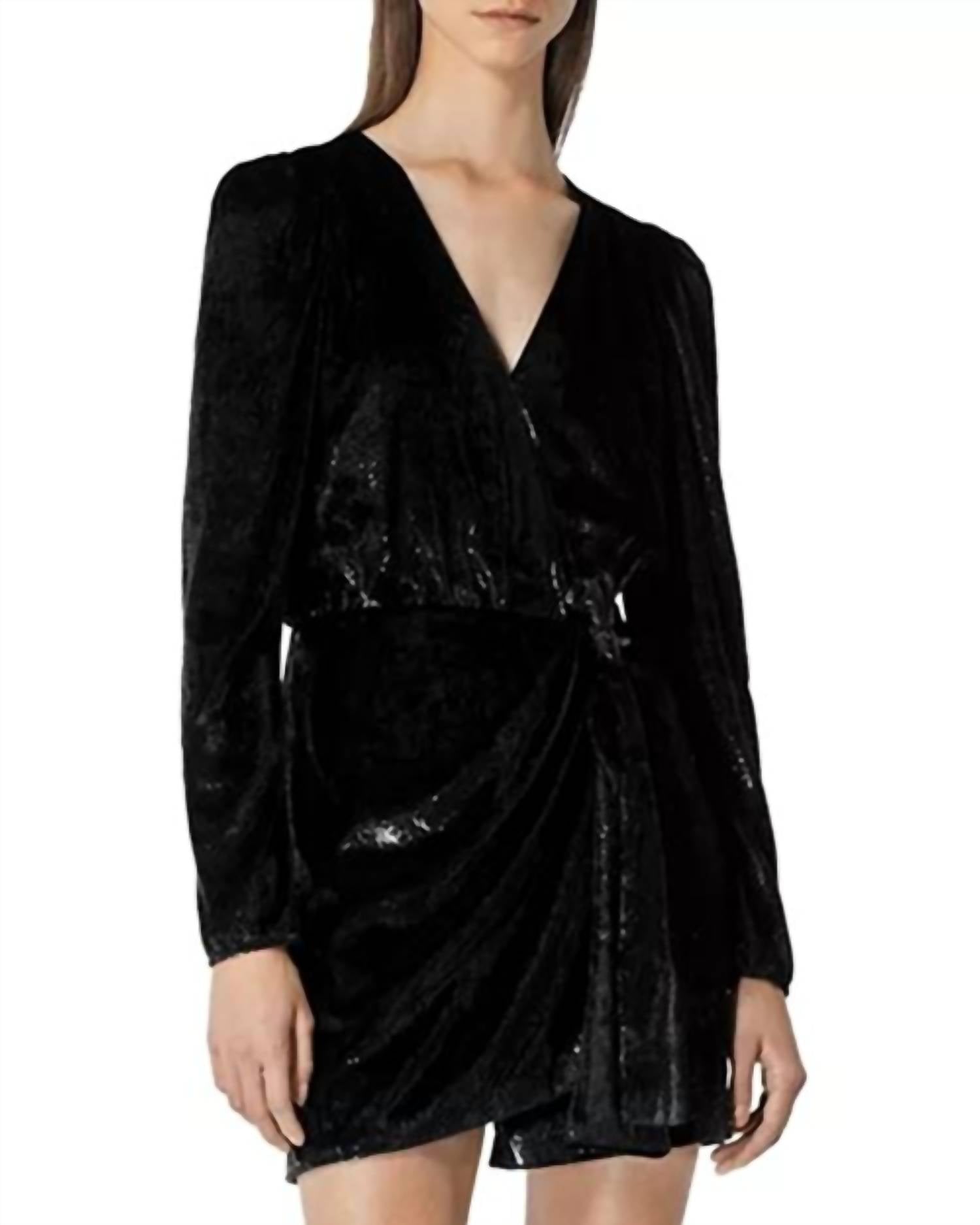 THE KOOPLES Velvet Shine Wrap Dress in black - women's dress - detail view