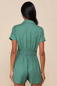 Lulus Cuteness Awaits Linen Collared Short Sleeve Romper in green - women's pants - detail view