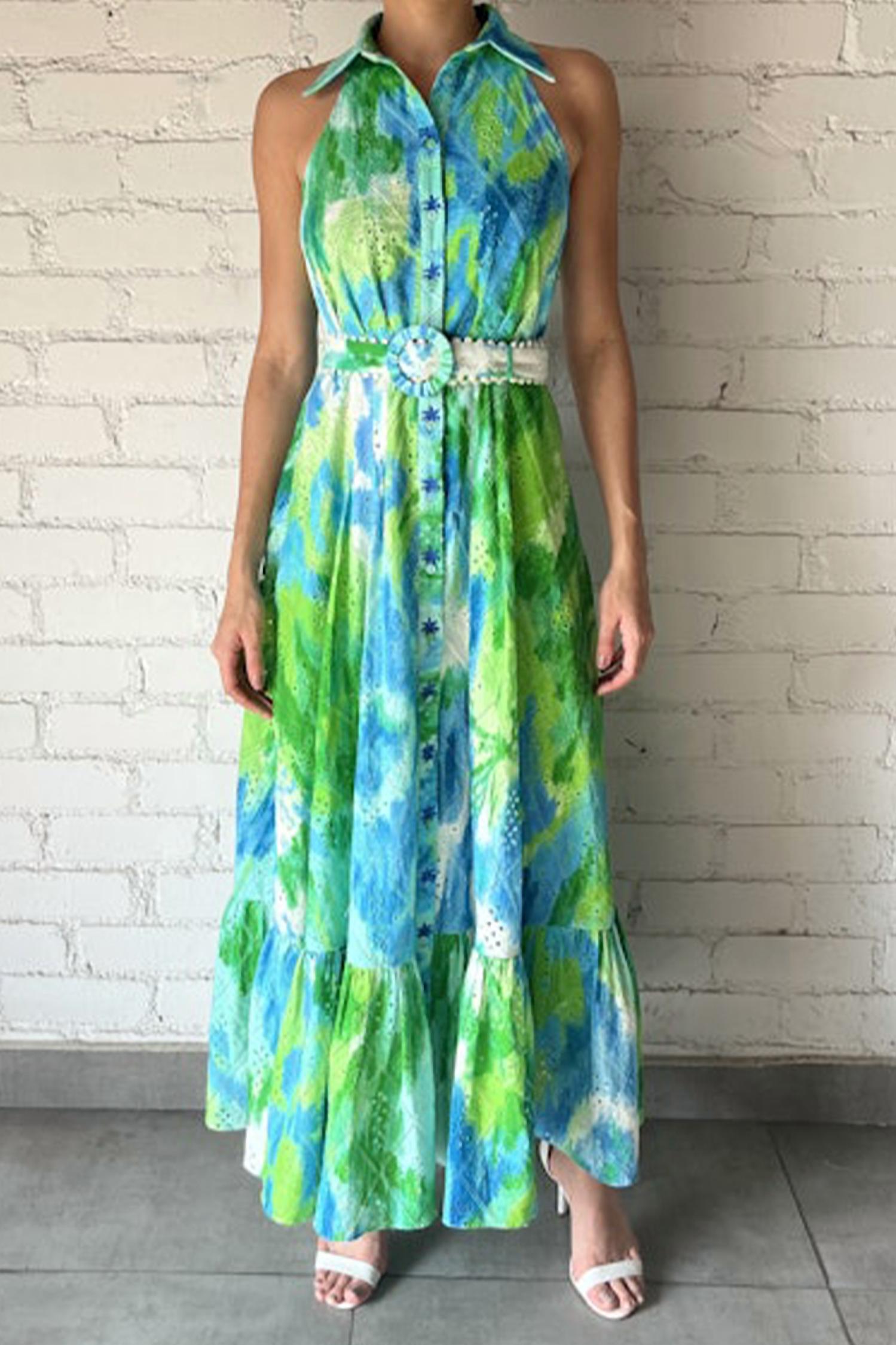 HEMANT & NANDITA Long Dress With Belt in green - women's dress