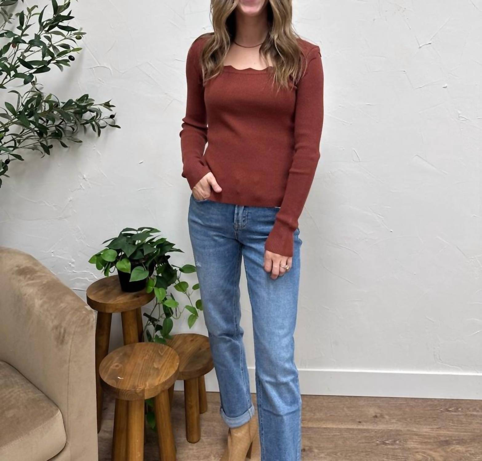 Mikarose Scallop Long Sleeve Sweater in cocoa bean - women's sweater - view 4