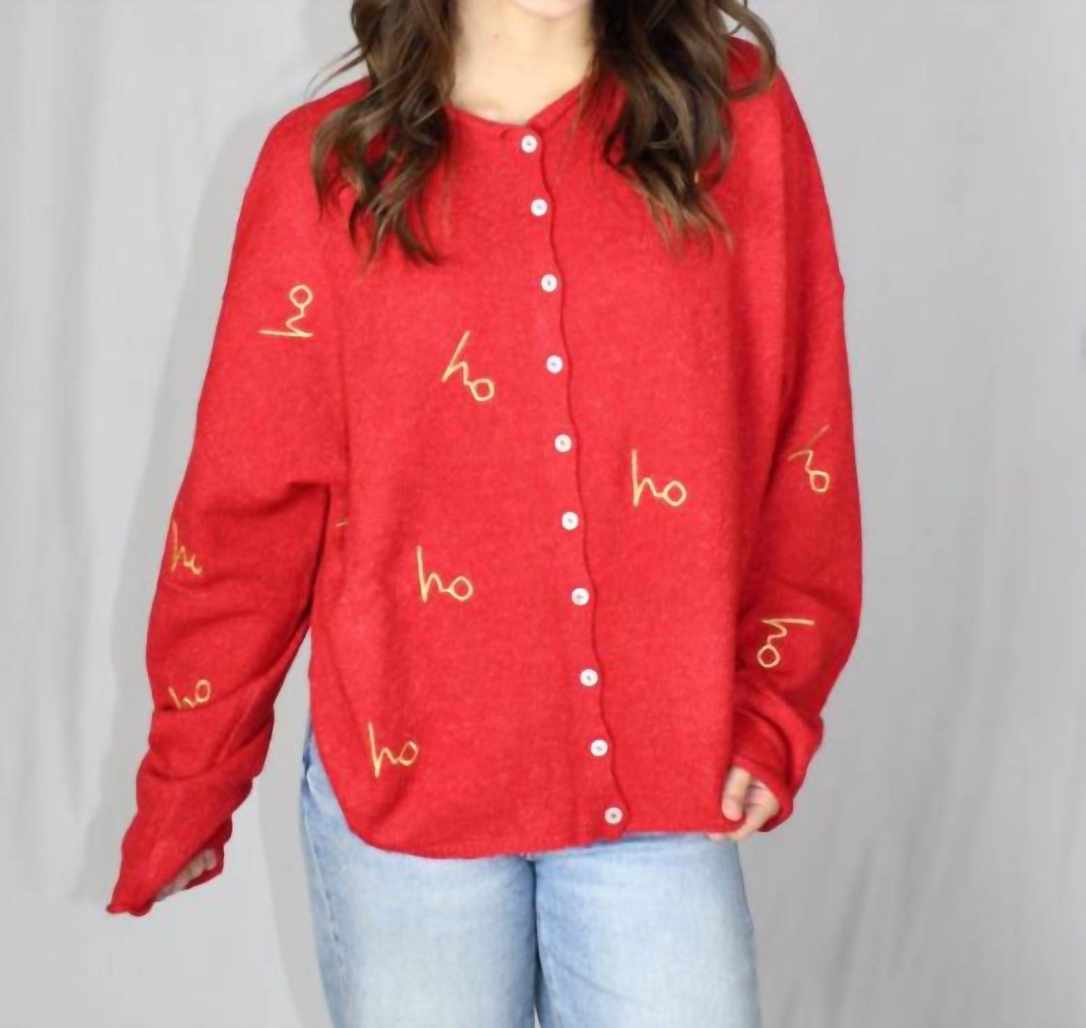 Things Between Ho Ho Ho Embroidered Cardigan in red gold - women's cardigan