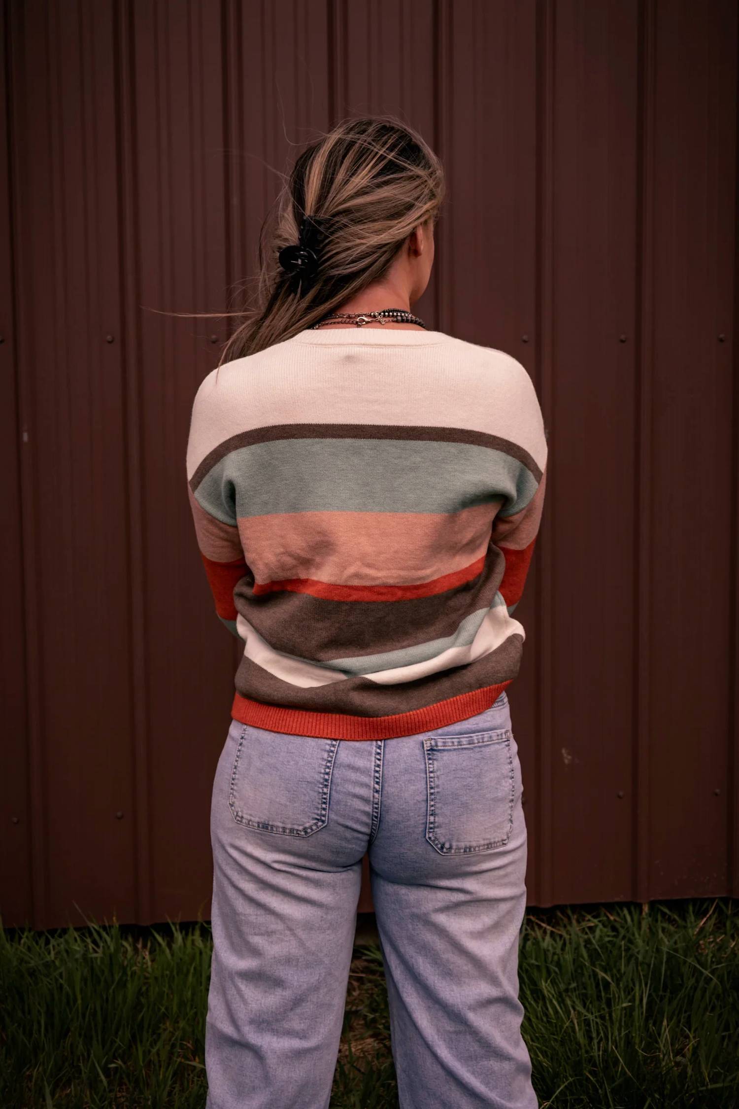1 The Woman - Striped Color Block Knit Drop Shoulder Sweater