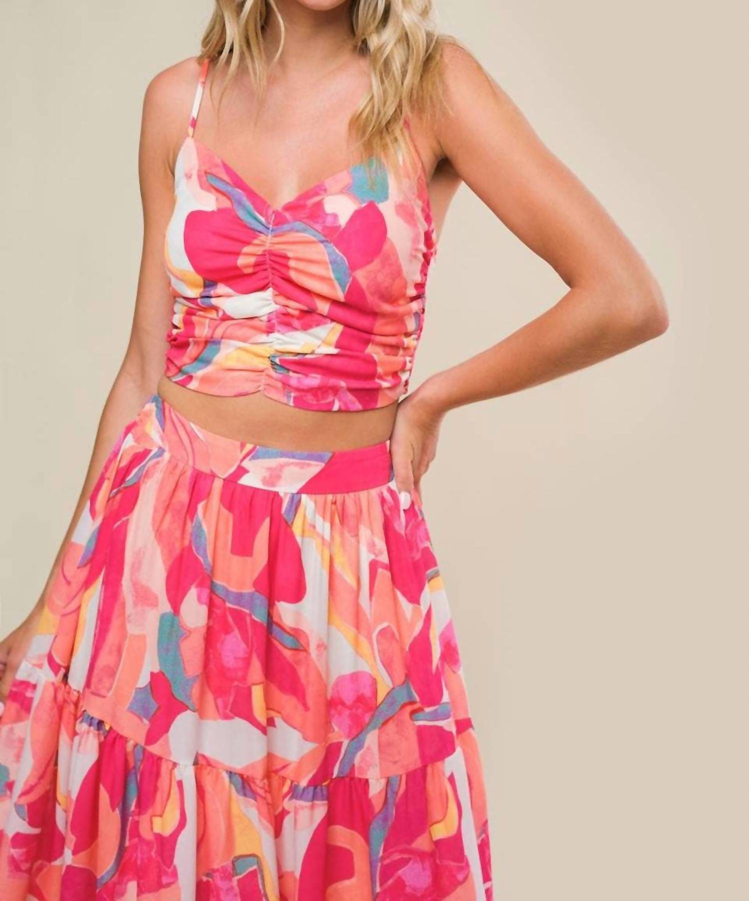 Flying Tomato - Coco Printed Woven Top And Maxi Skirt Set