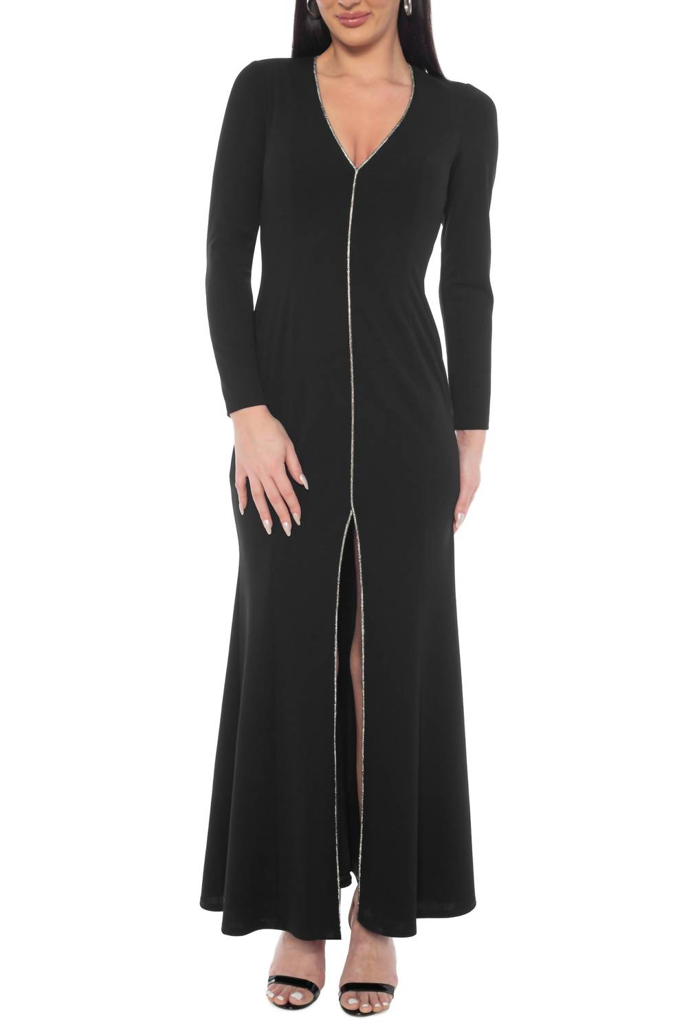 Oleg Cassini - Women's Long Sleeves Sheath Silhouette Skirt Front Slit Maxi Dress