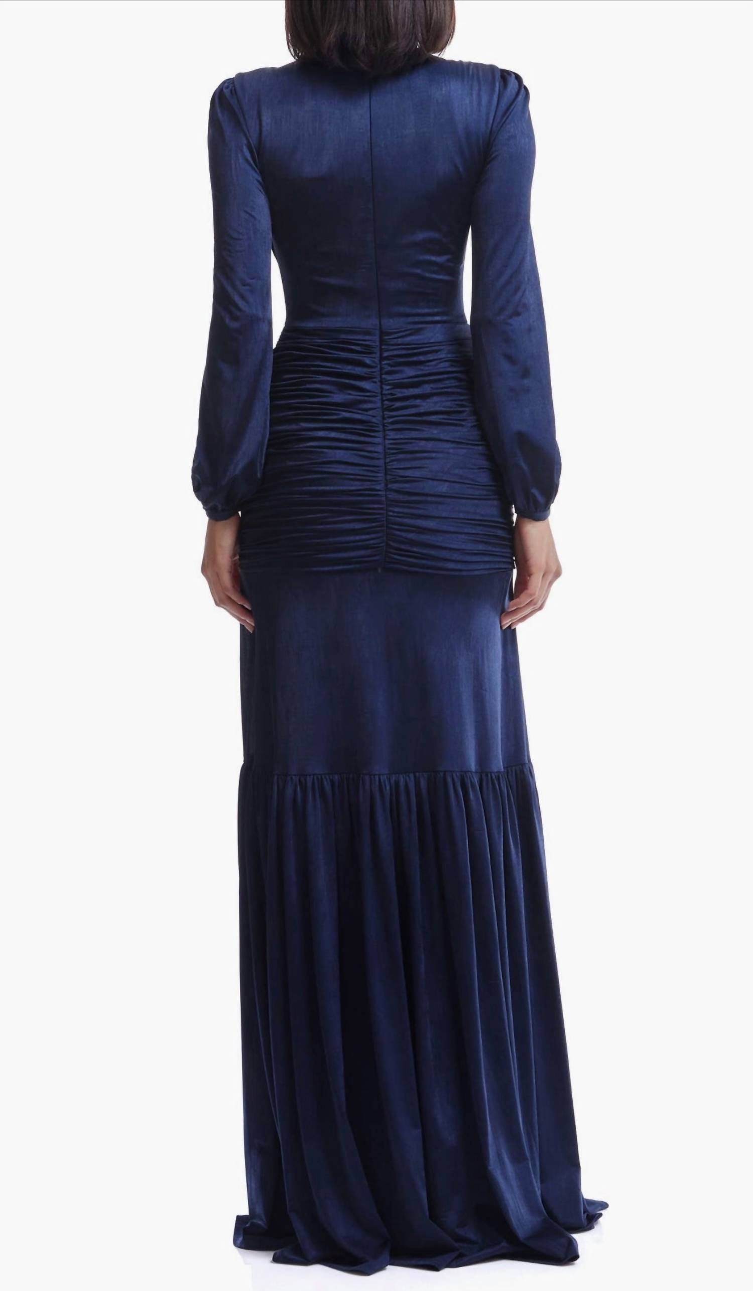 DRESS THE POPULATION Lucille Pleated Ruched Long Sleeve Gown in midnight blue - women's dress - view 4