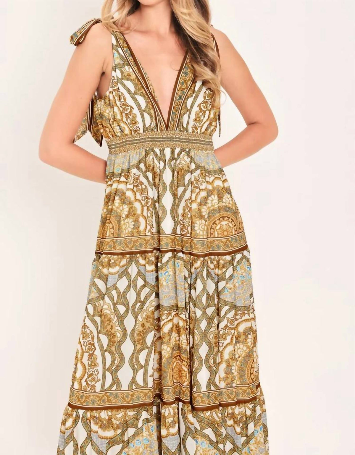 Flying Tomato - Boho Paisley Tie Shoulder Maxi Dress