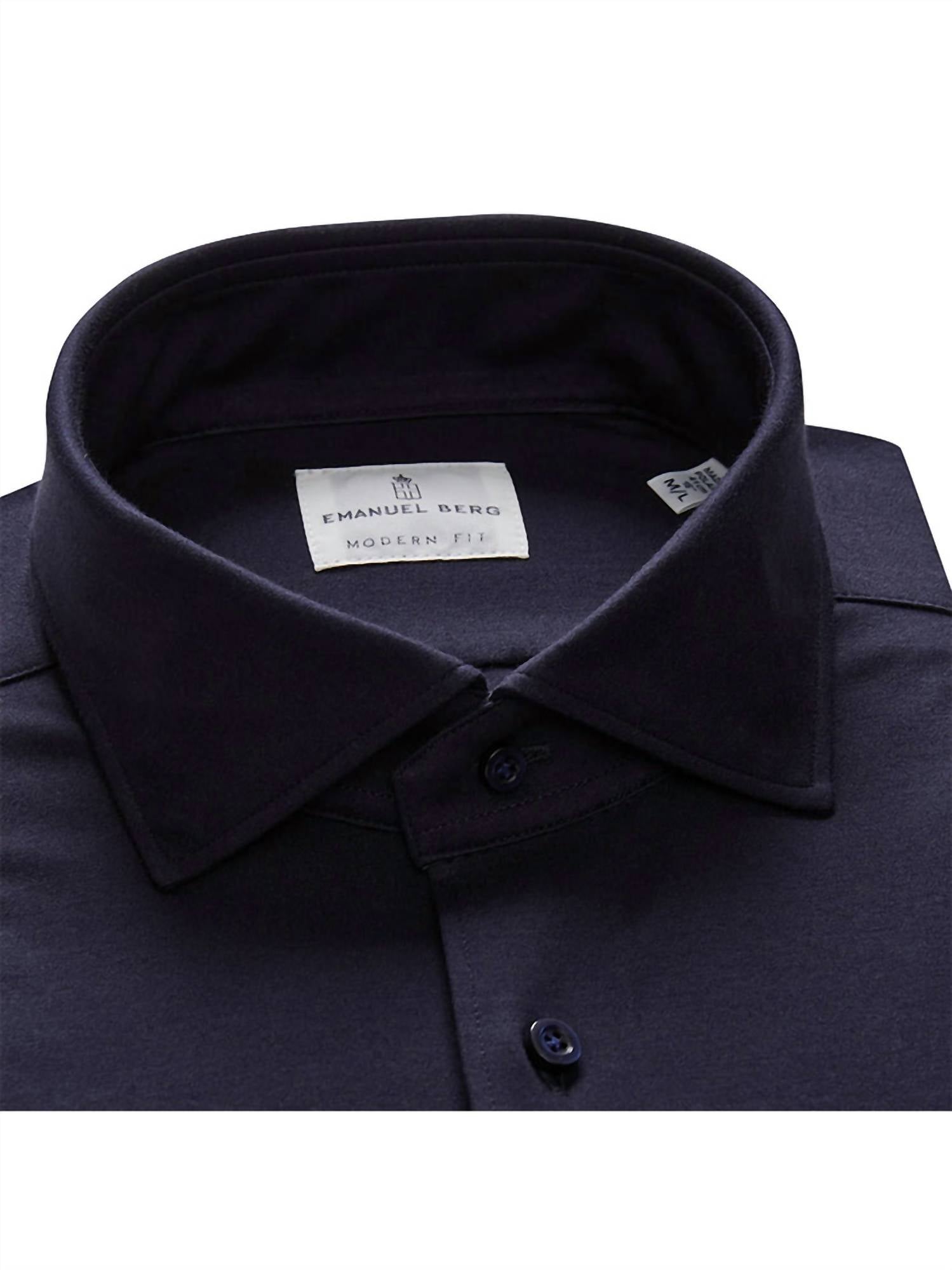 Emanuel Berg Men's Modern 4flex Stretch Knit Shirt in navy solid - men's long sleeve top - detail view