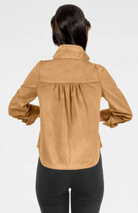 GRETCHEN SCOTT Ruffle Rumble Blouse in ultra suede khaki - women's blouse - detail view