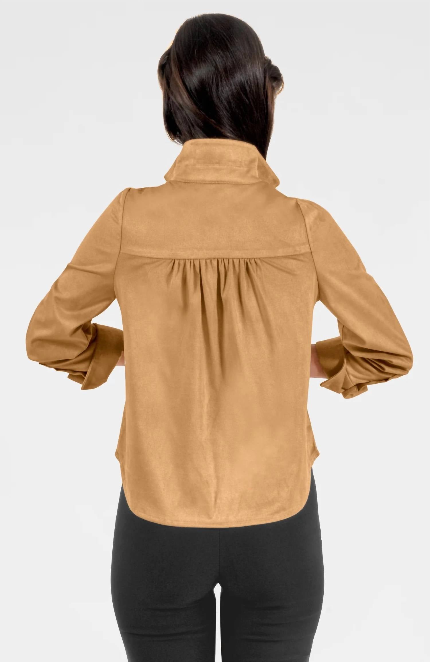 GRETCHEN SCOTT Ruffle Rumble Blouse in ultra suede khaki - women's blouse - detail view