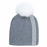 Mitchie'S Matchings - Women's Winter Beanie With Racer Stripe & Fox Fur Pom Pom