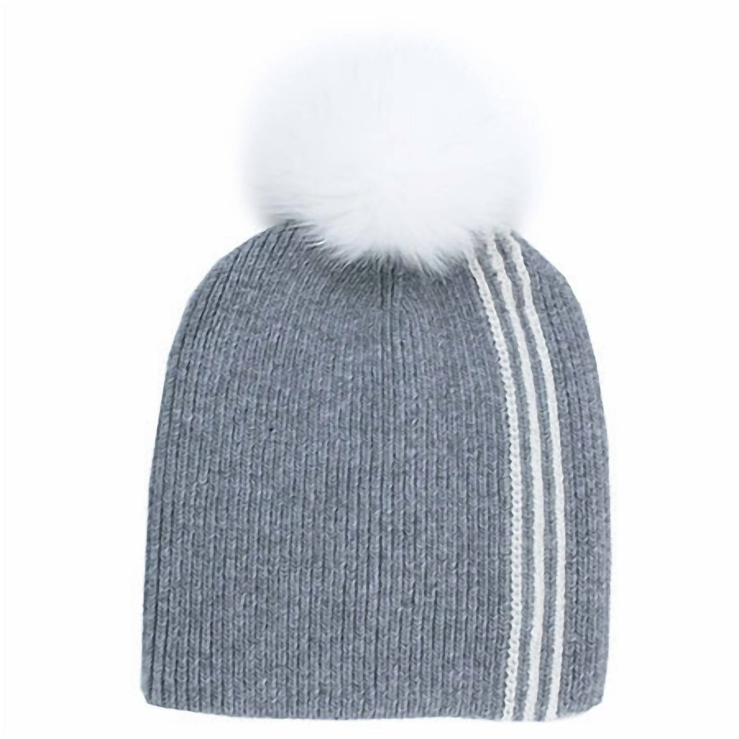 Mitchie'S Matchings - Women's Winter Beanie With Racer Stripe & Fox Fur Pom Pom