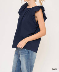 Umgee - Flutter Sleeve Pleated Crew Neck Blouse