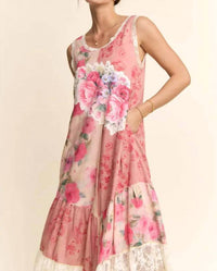 Davi & Dani - Women's Print Flower Patchwork Lace Tiered Dress