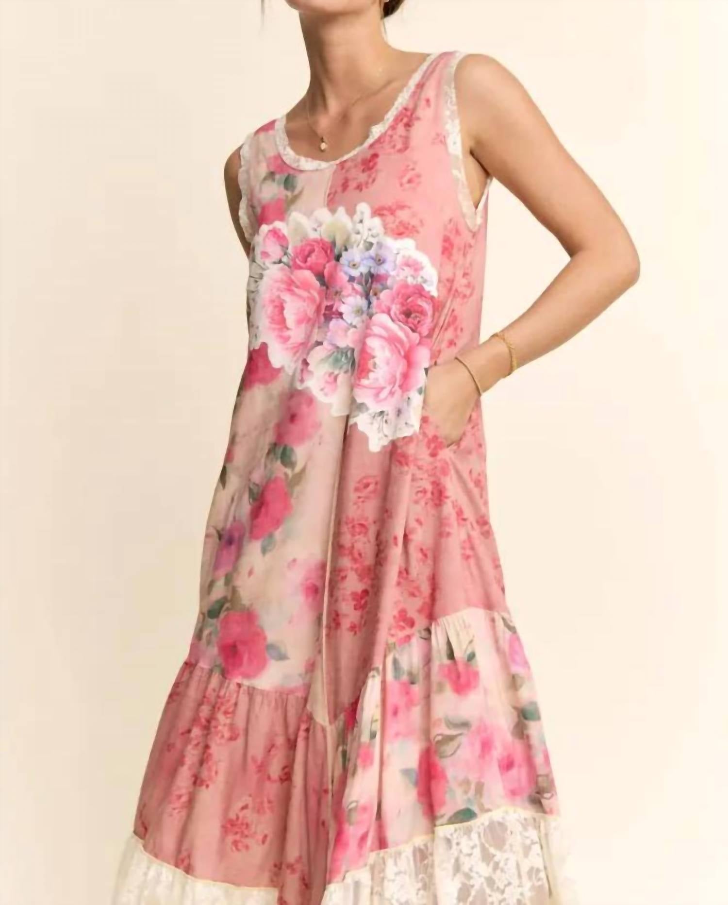 Davi & Dani - Women's Print Flower Patchwork Lace Tiered Dress