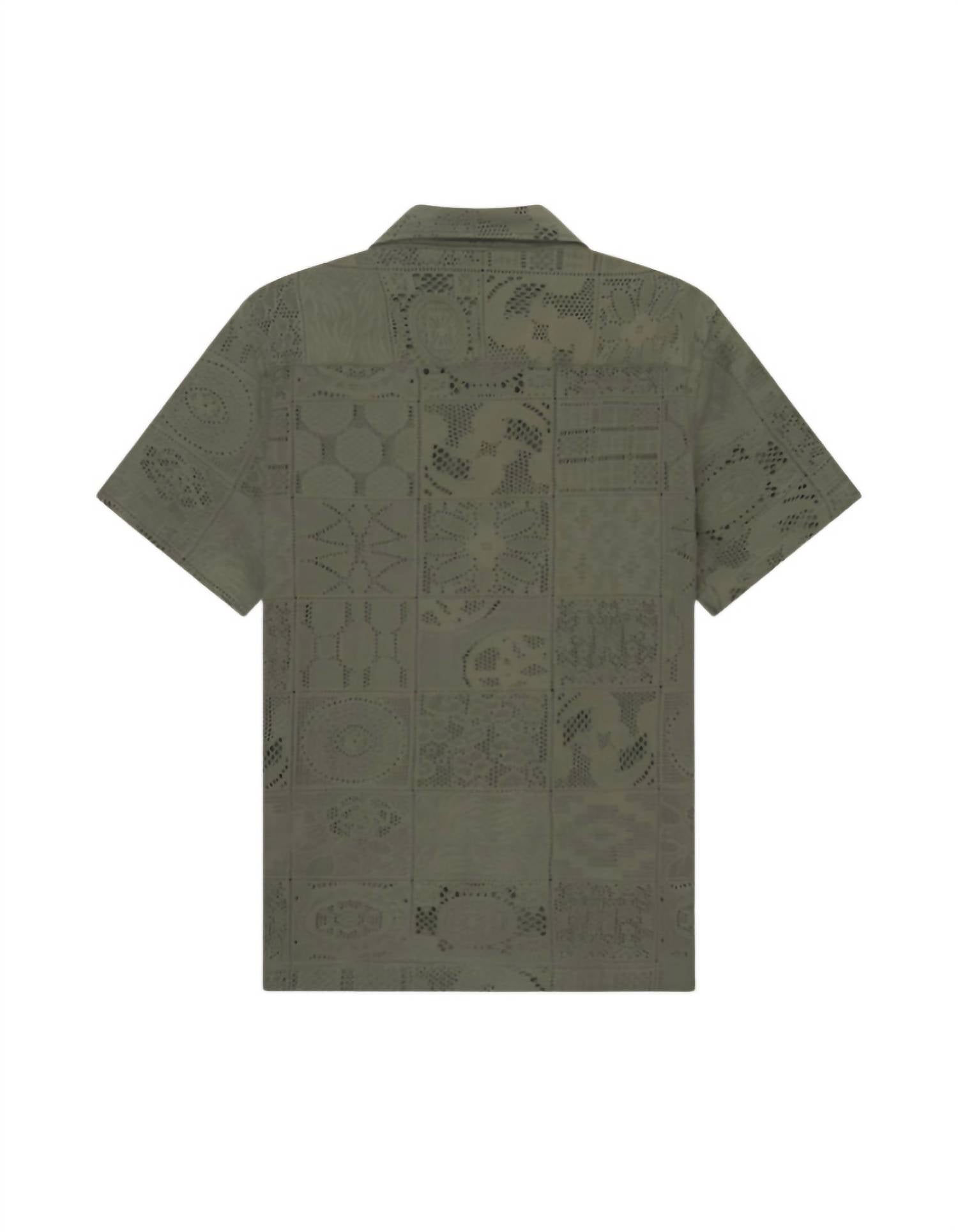 Les Deux Men's Hector Lace Short Sleeve Shirt in olive night - men's shirt - detail view