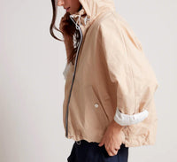 Adroit Atelier Ryder Side Snap Zip Up Bomber Jacket in sand - women's jacket - detail view
