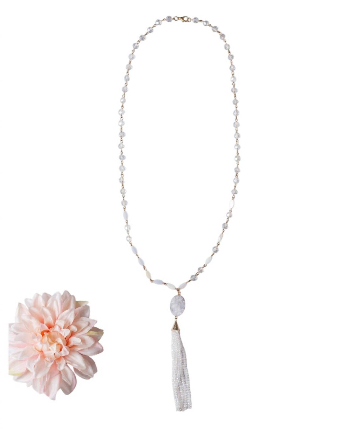 Grace + Emma - Women's Druzy Stone Pendant And Clear Beaded Tassel Necklace