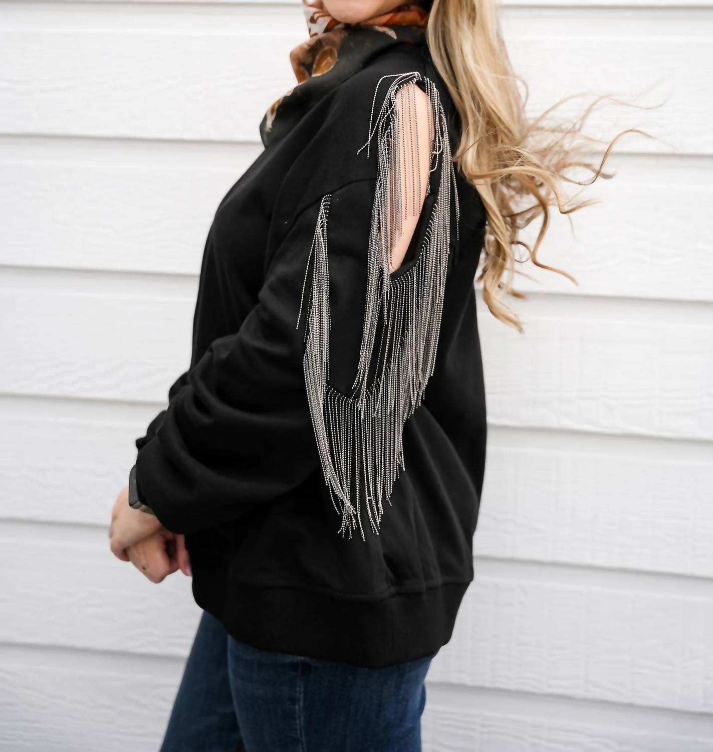 Fantastic Fawn - Fringe Cold Shoulder Knit Sweatshirt