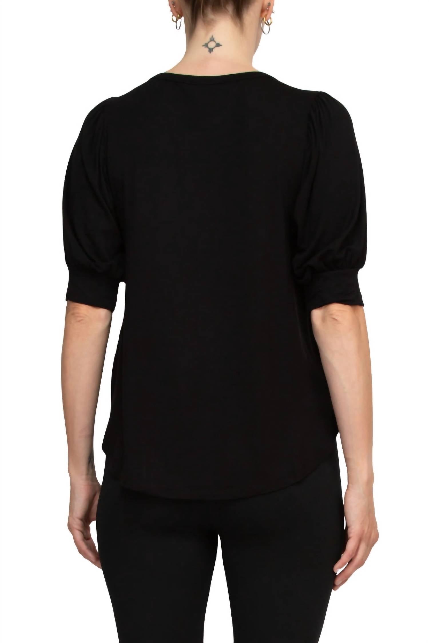 Joan Vass - Short Shirred Sleeve Shirttail Hem Blouse