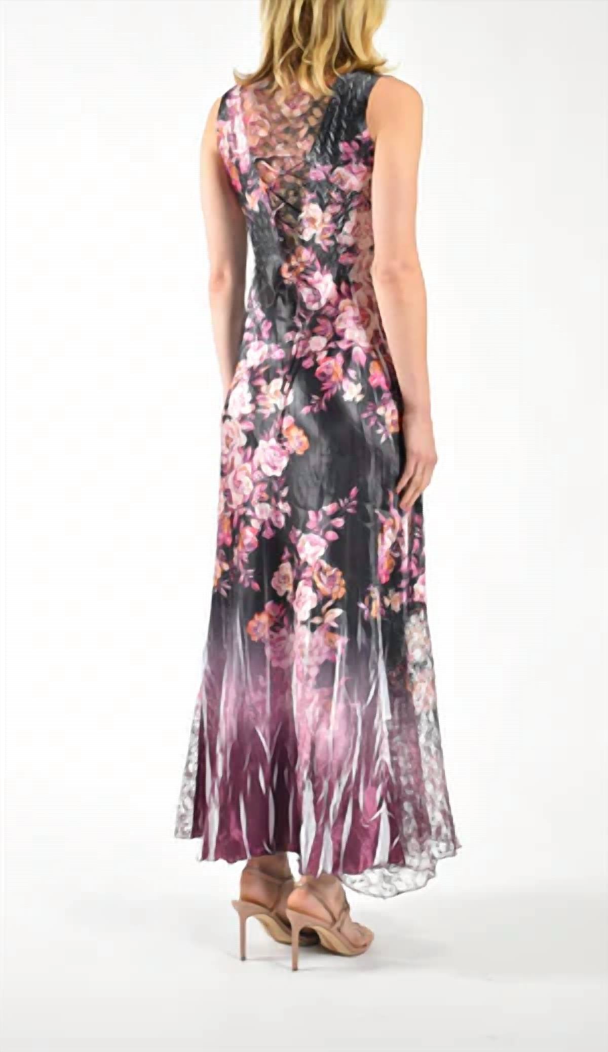 Komarov - Sleeveless Long Charmeuse Lace Dress with Shawl