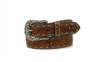 Nocona Belt Co. Floral Embossed Leather Western Belt in brown turquoise - men's accessory