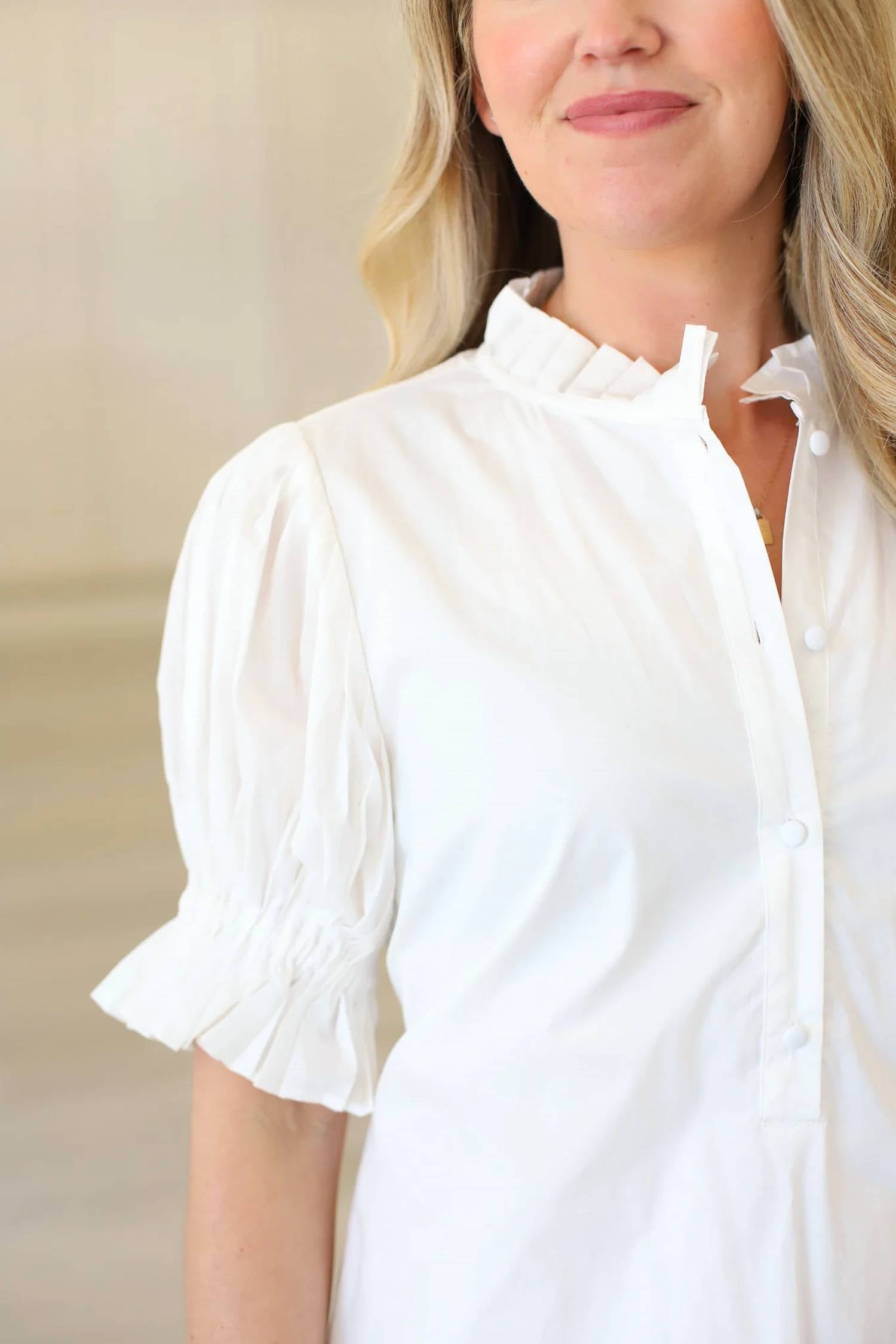 Karlie - Solid Poplin Ruffle Neck Pleat Back Tie Dress
