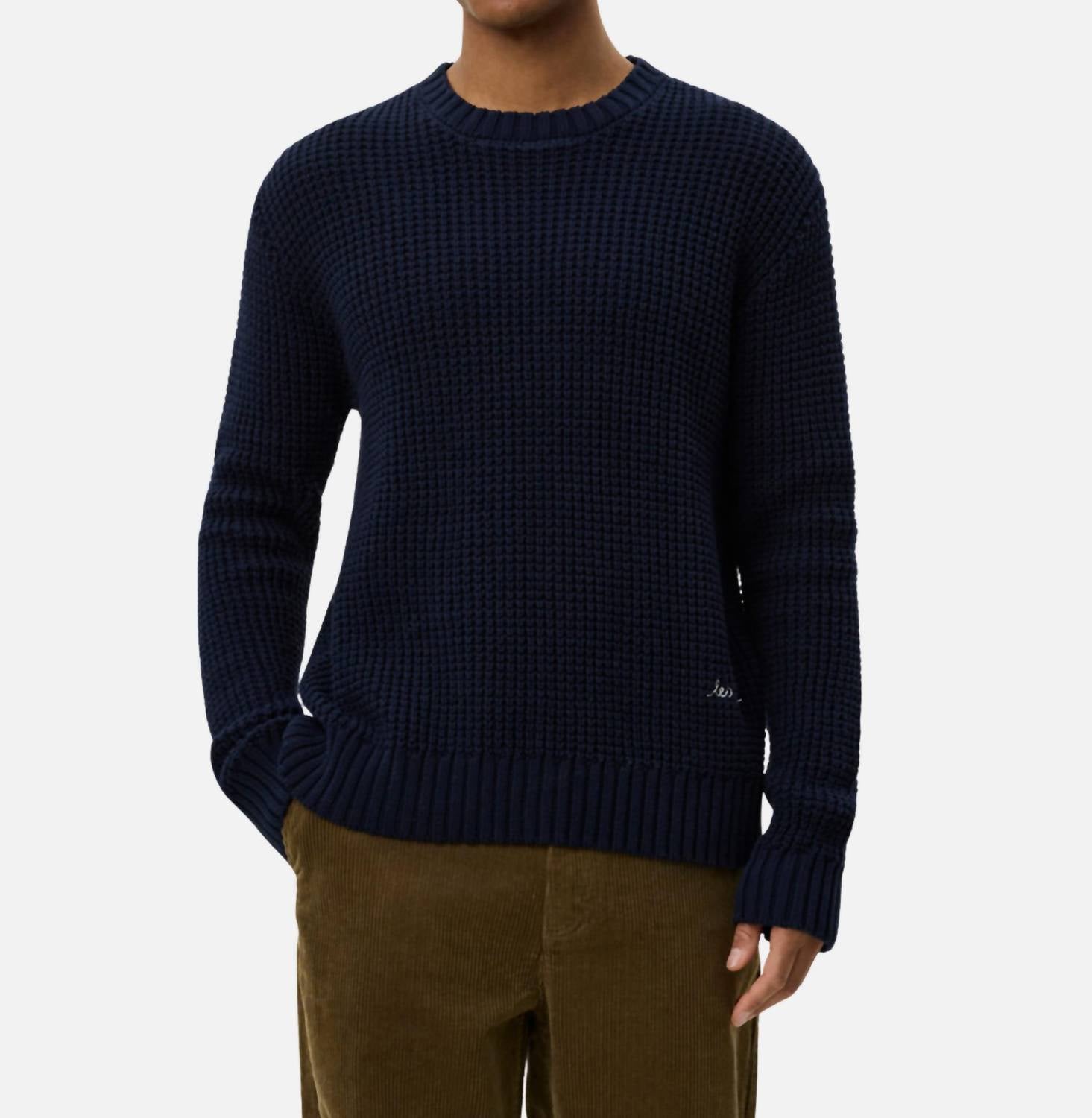 Les Deux Alvin Waffle Crewneck Knit Top in dark navy - men's long sleeve top