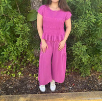 Davi & Dani - Ruched Ruffle Pant & Short Sleeve Top Set