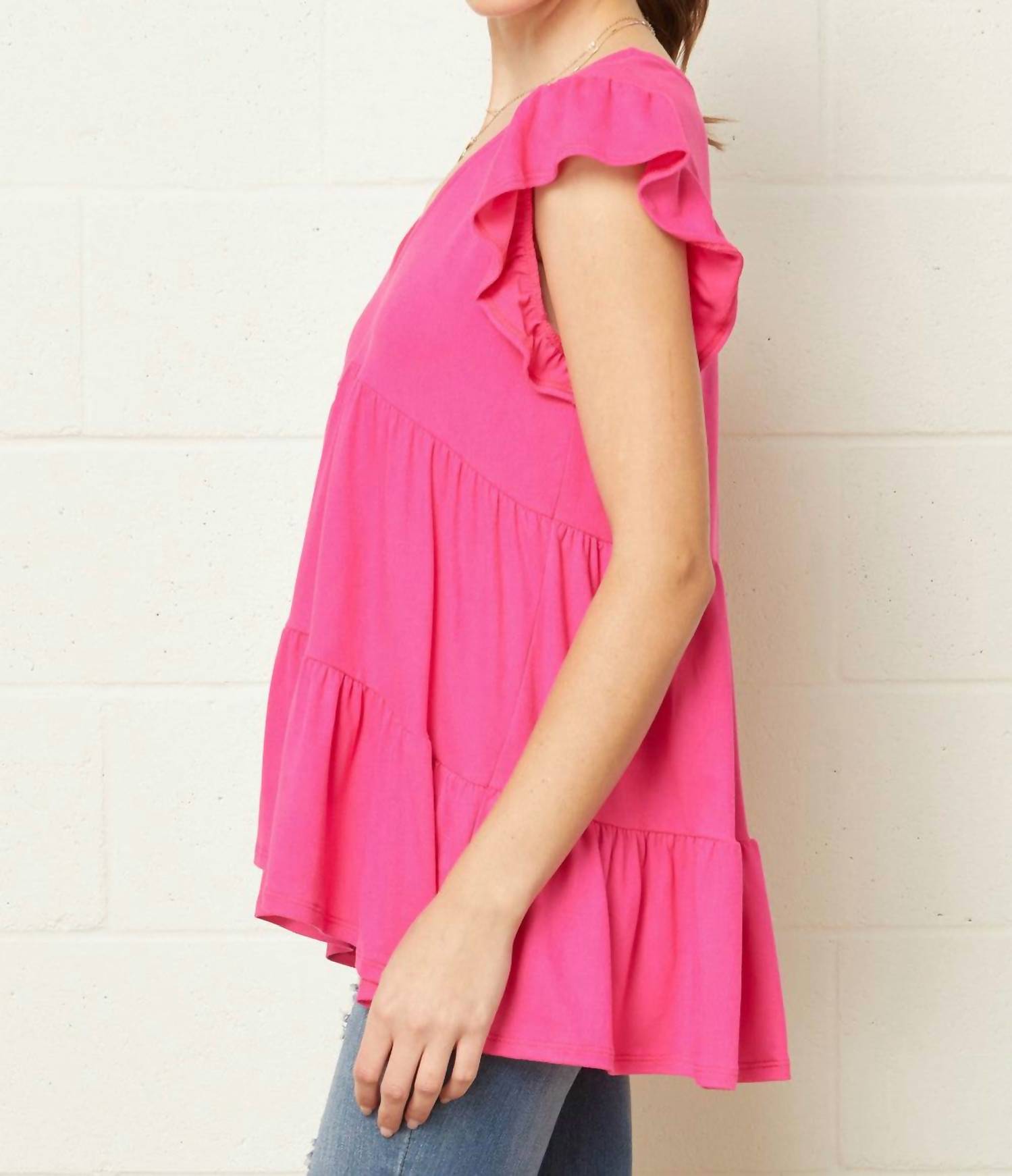 entro Tiered Ruffle Babydoll Top in hot pink - women's shirt - alternate view