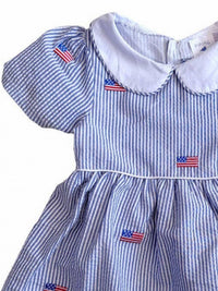 Piping Prints - Girl's Seersucker With American Flags Pan Collar Dress