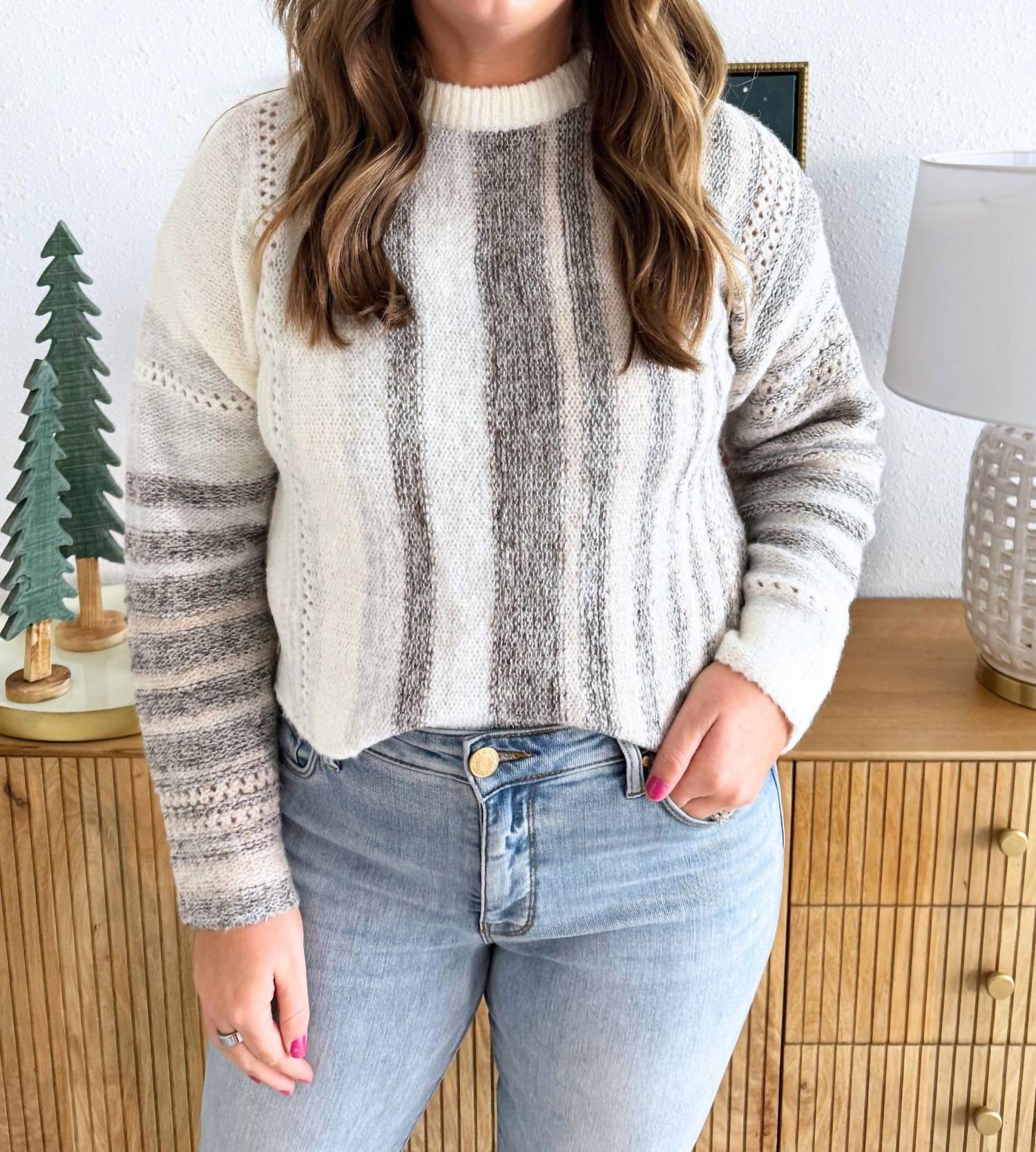 PINCH Contrast Trim Striped Sweater in ivory brown multi - women's sweater