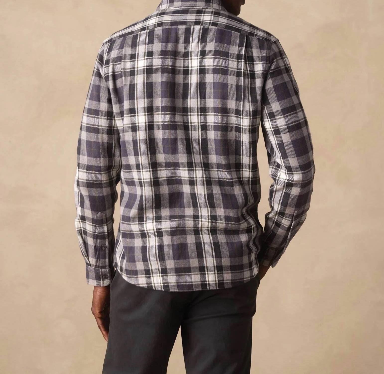 The Normal Brand Mountain Knit Overshirt in gray plaid - men's shirt - detail view