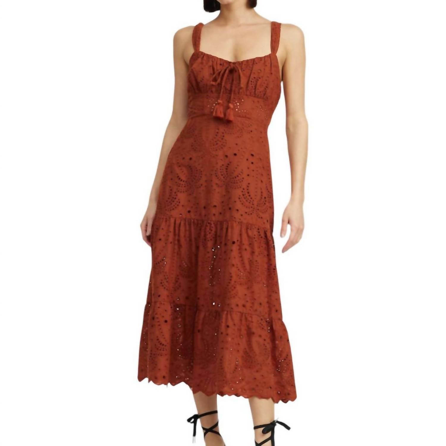 Jacquie The Label Take Her Everywhere Eyelet Corset Midid Dress in terracotta - women's dress