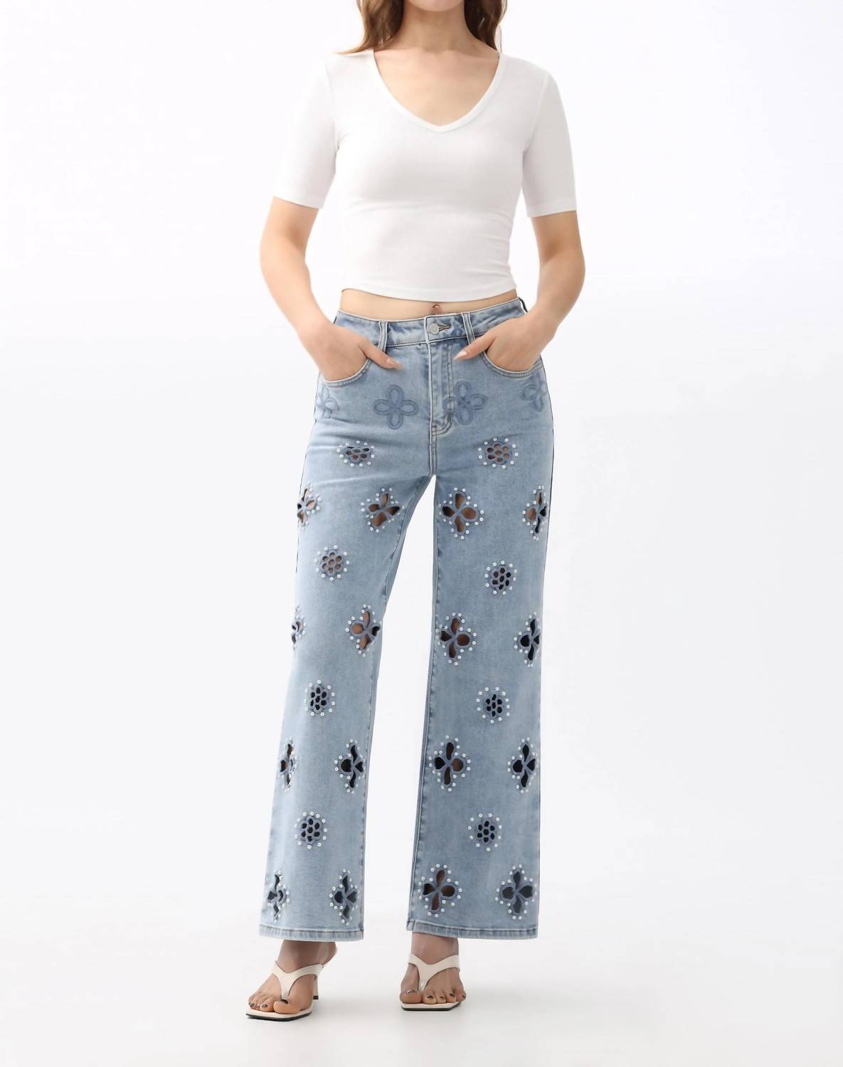 Bayeas - Eyelet And Pearl Embellished High Rise Straight Jeans