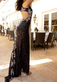 Primavera - Plunging V-neck Sequin Embellished Prom Dress