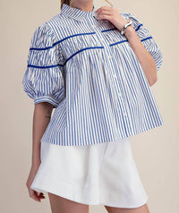 Glam - Puff Sleeve Contrast Detail Stripe Shirt Top