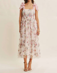 In February - Textured Floral Smocked Midi Dress