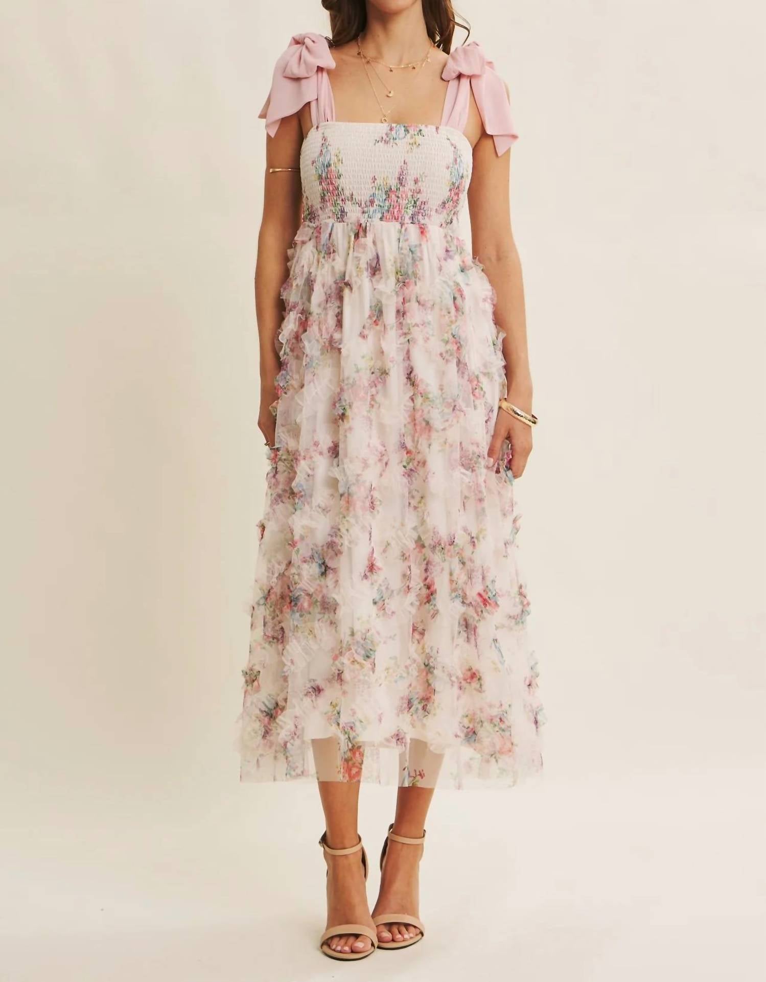 In February - Textured Floral Smocked Midi Dress