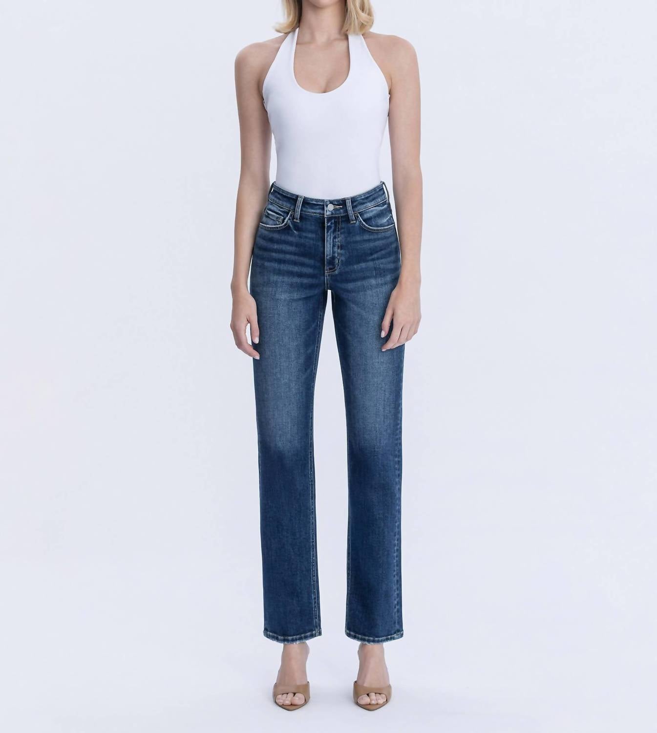 VERVET BY FLYING MONKEY Celestial Glow High Rise Full Length Straight Jeans in dark wash - women's jeans
