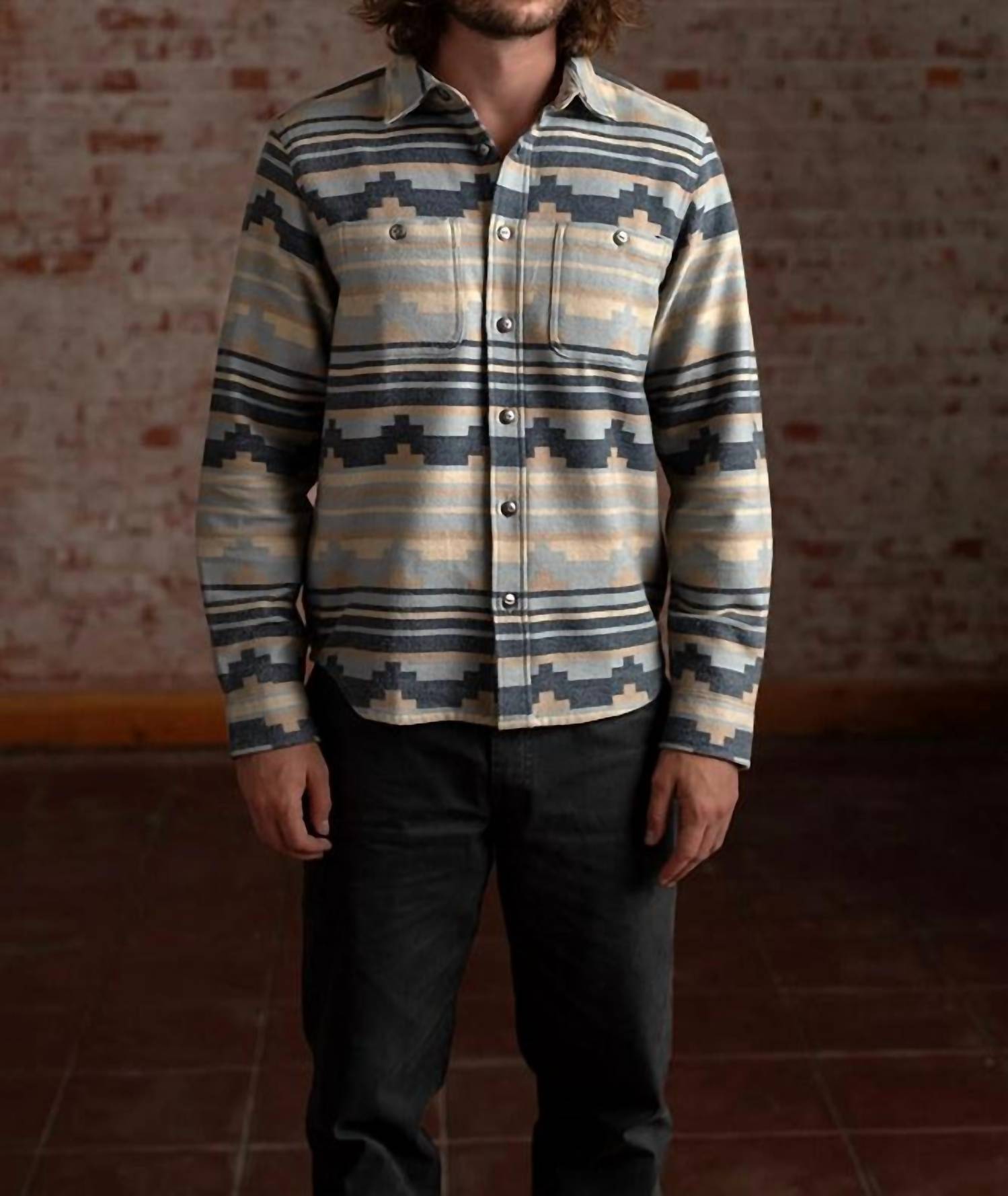 Iron & Resin Salton Jacquard Cotton Flannel Shirt in blue - men's long sleeve top