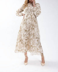 Static - Leafy Print Long Sleeve Midi Dress