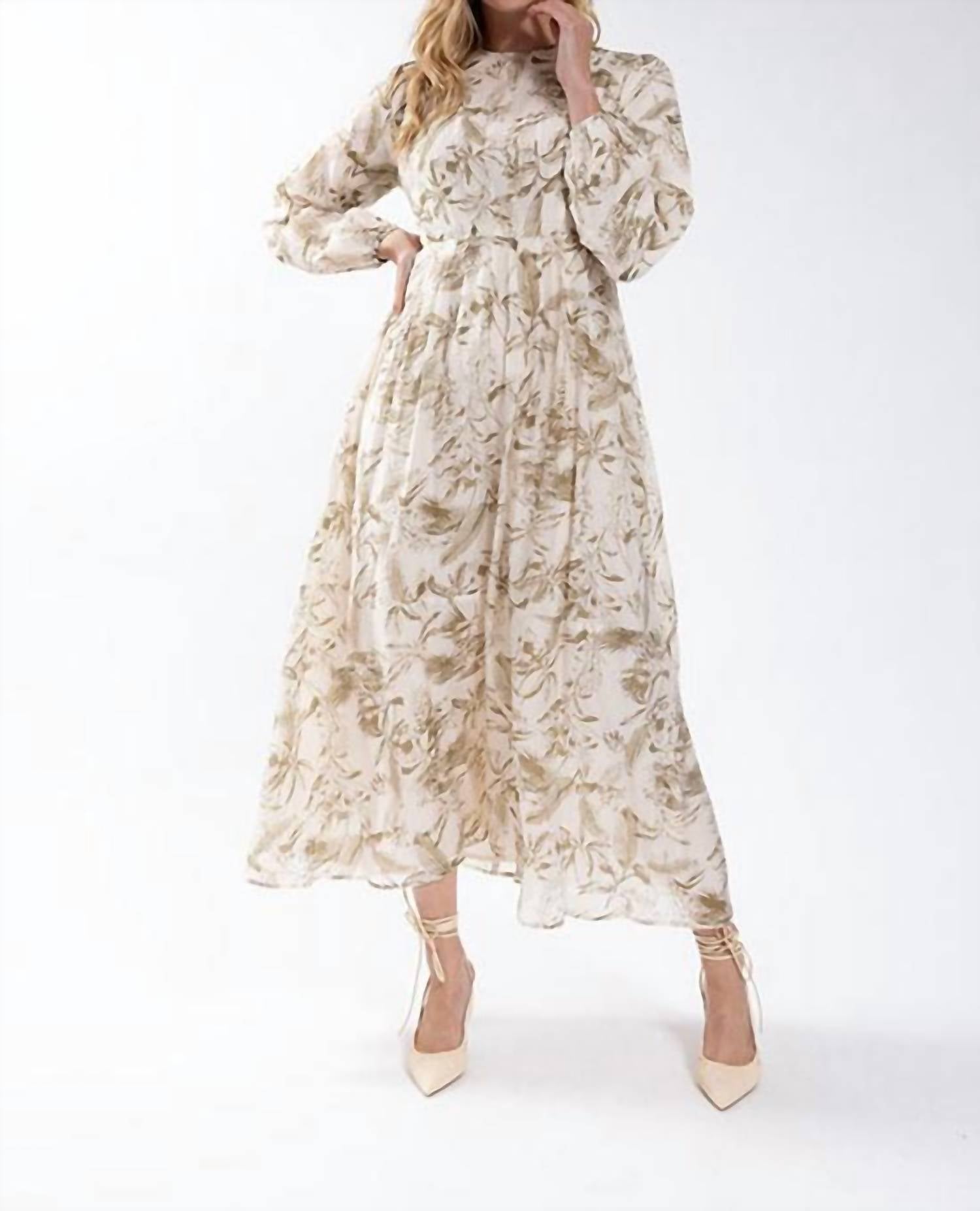 Static - Leafy Print Long Sleeve Midi Dress