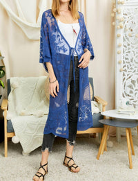 DAVI & DANI Boho Sheer Lace Duster Cardigan in denim blue - women's cardigan - detail view