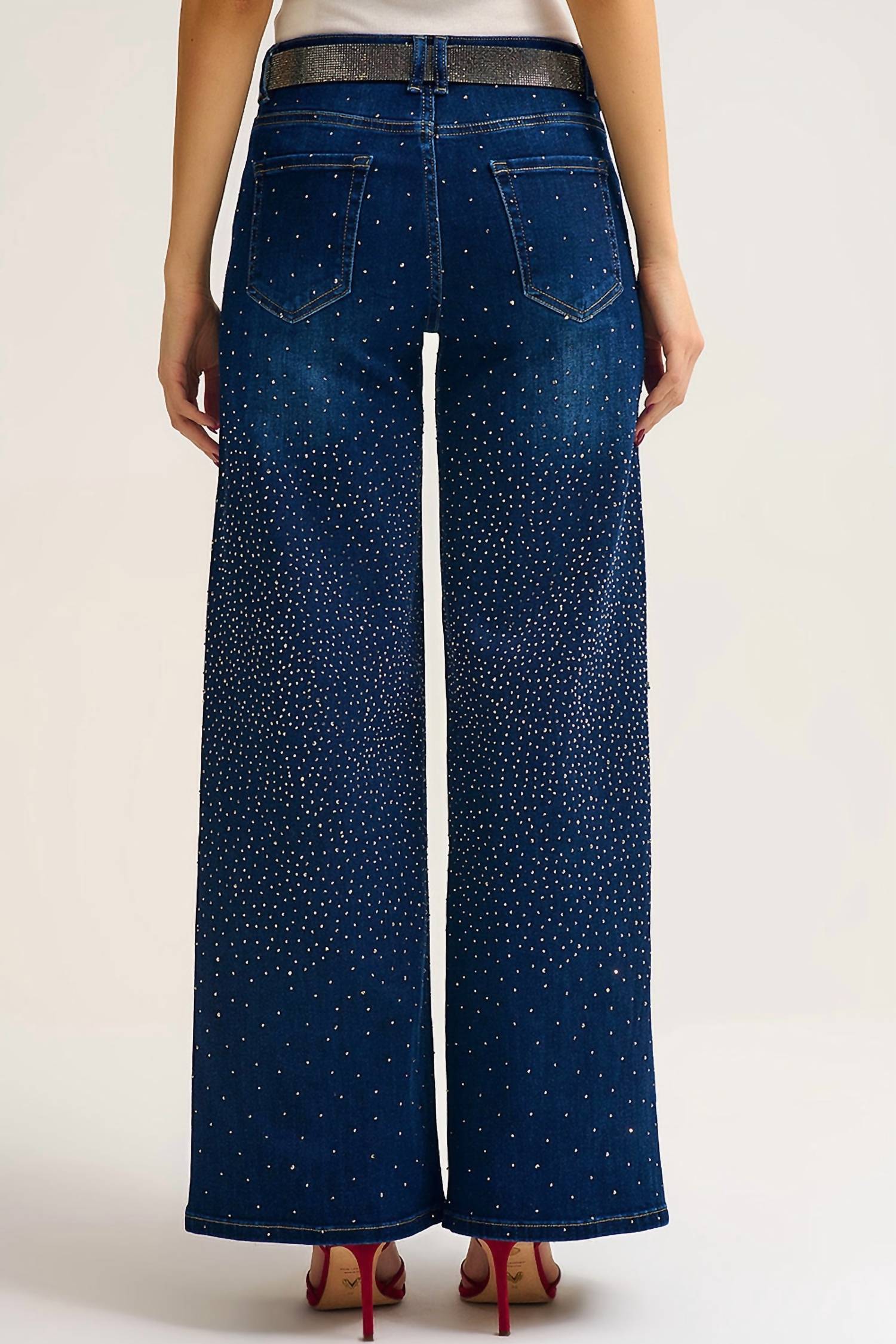 Q2 - Wide Leg Denim Jeans With Rhinestone Details