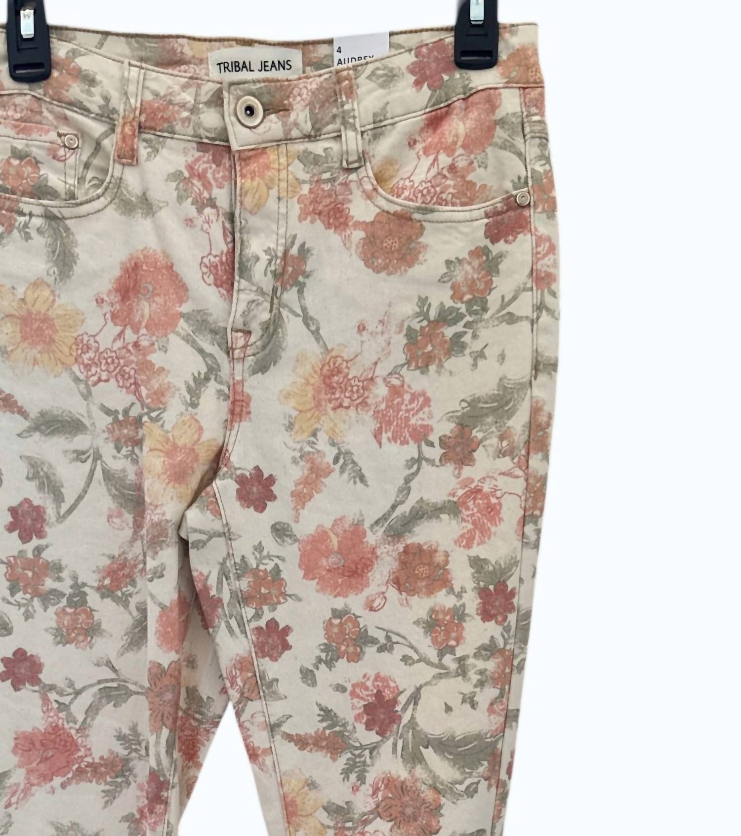 TRIBAL Women's Print 5 Pocket Pant in cyder - women's jeans - detail view