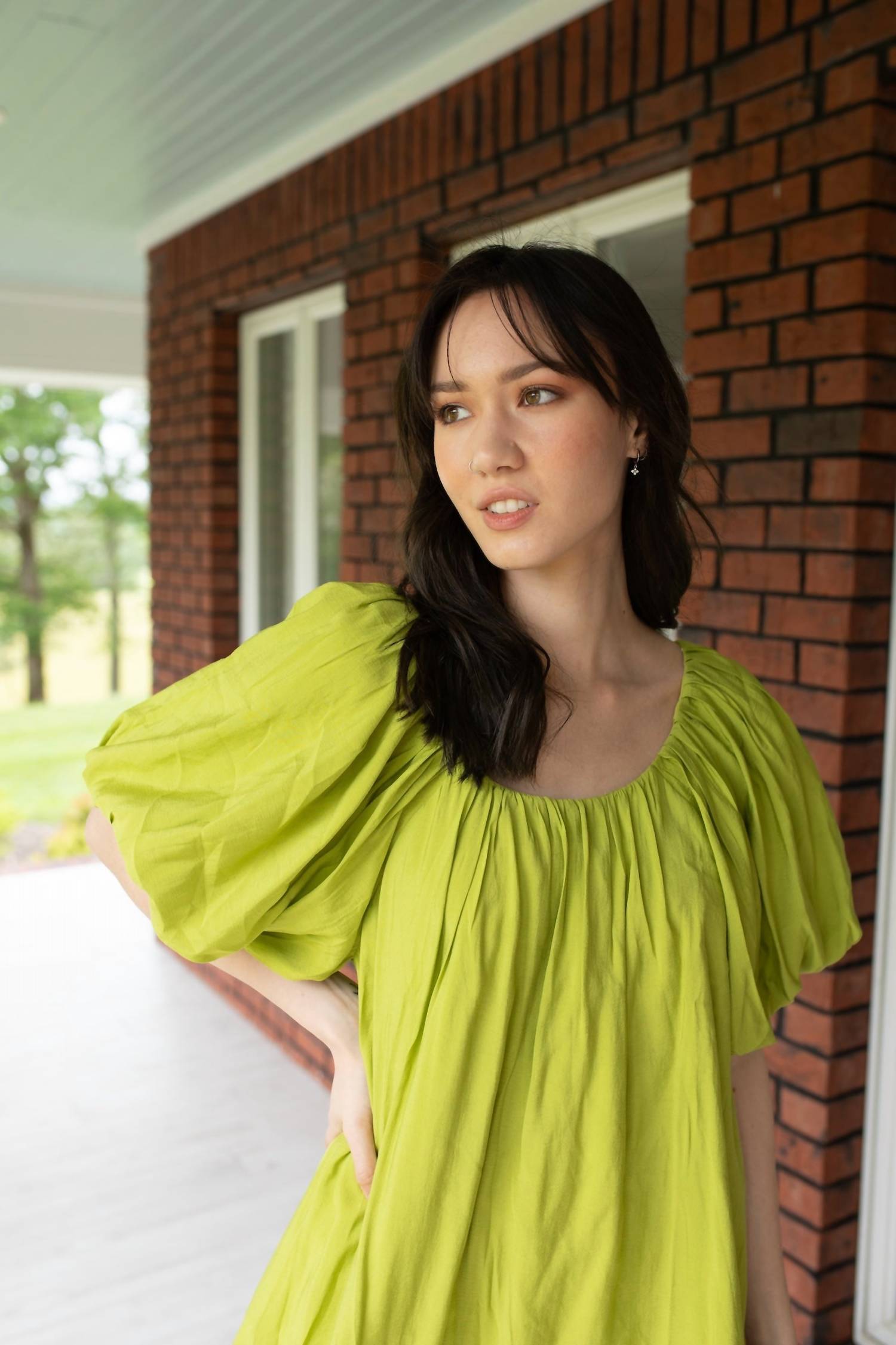 umgee Puff Sleeve Dress in vibrant lime green - women's dress - alternate view